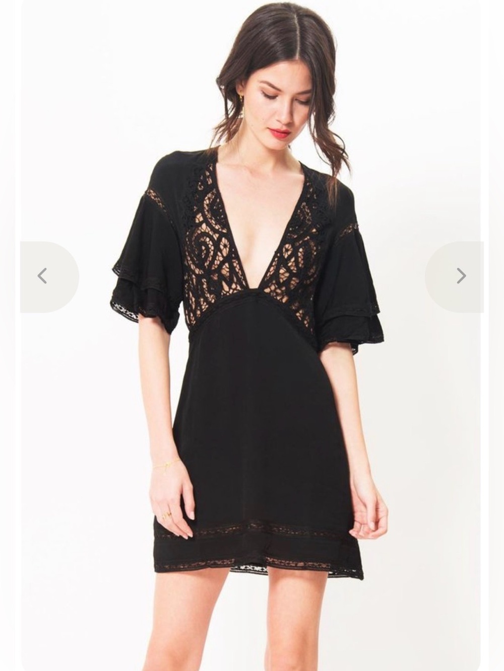 For Love & Lemons Carmine Mini Dress Black Lace Plunge Flutter Sleeve S - Picture 2 of 14